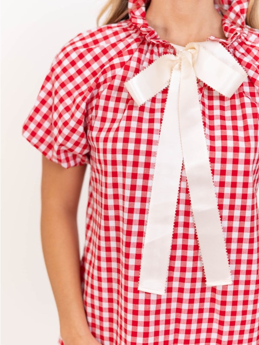 GeeGee Red Gingham Ribbon Bow Top with Ruffle Collar XL - Picture 2 of 8